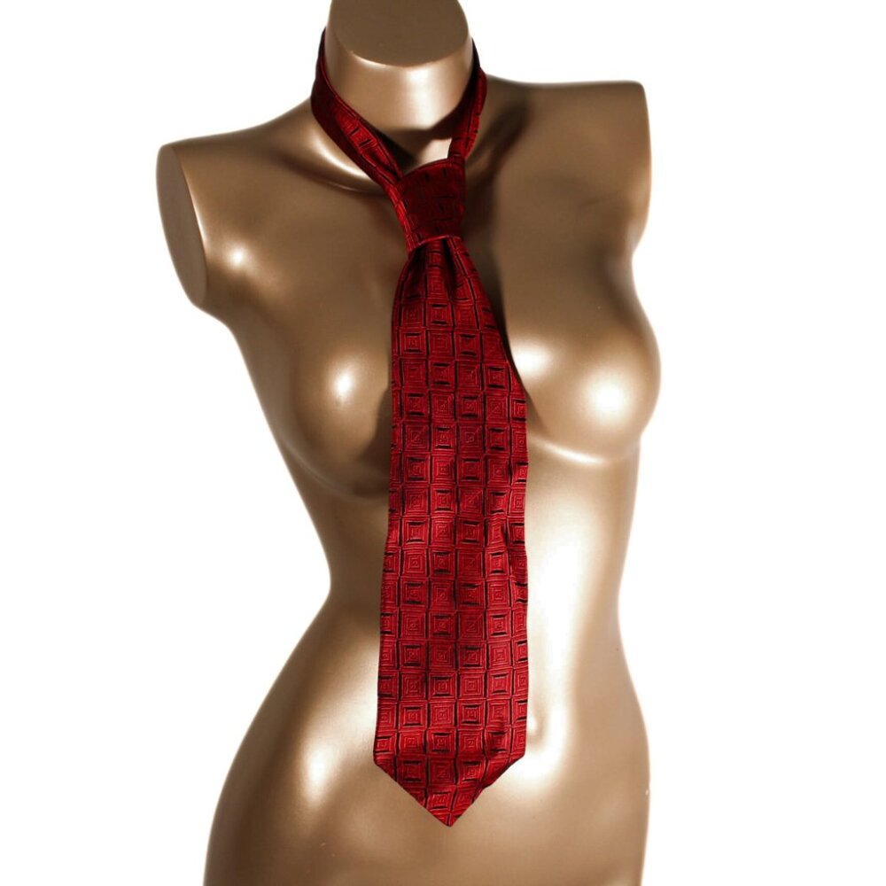 Structure Men’s Silk Neck Tie Dark Red & Black Geometric Print Classic Cut